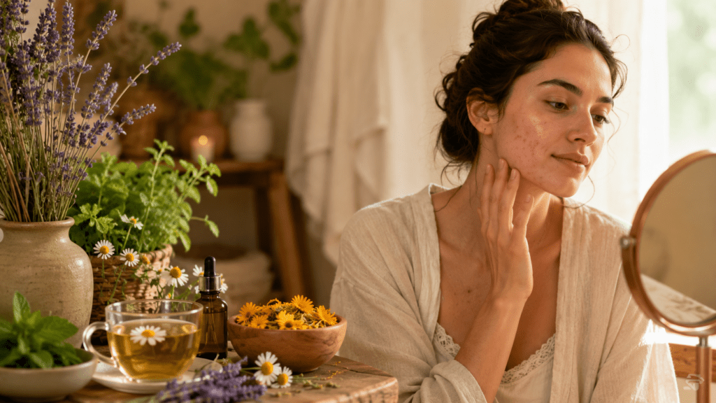 best herbs for hormonal acne remedies for acne with woman with acne looking in mirror with herbs