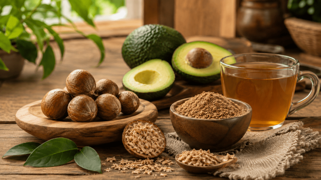 Avocado Pit Benefits blog image featuring realistic avocado pits, sliced avocado halves, shredded dried avocado pit, powdered avocado seed, and a warm herbal tea on a rustic wooden table in a natural kitchen setting.