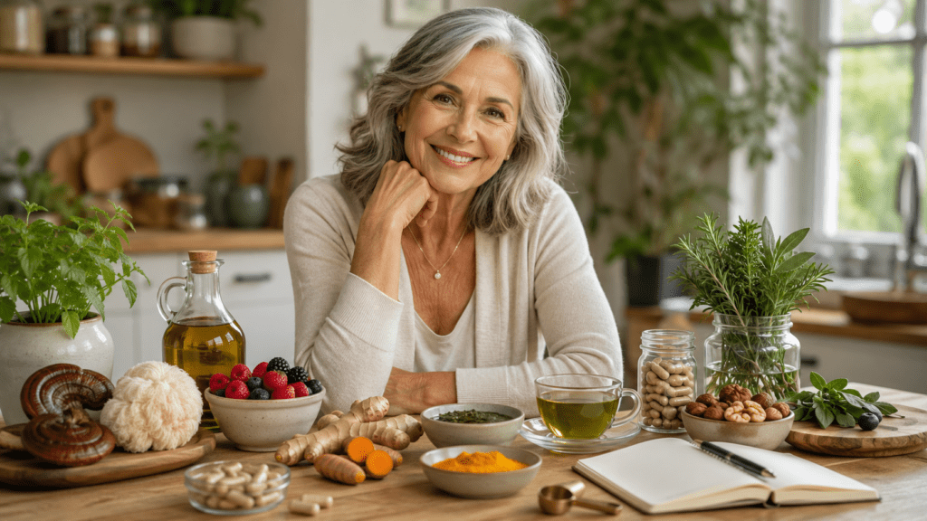 natural longevity supplements and herbs for healthy aging including turmeric lion's mane and adaptogenic herbs