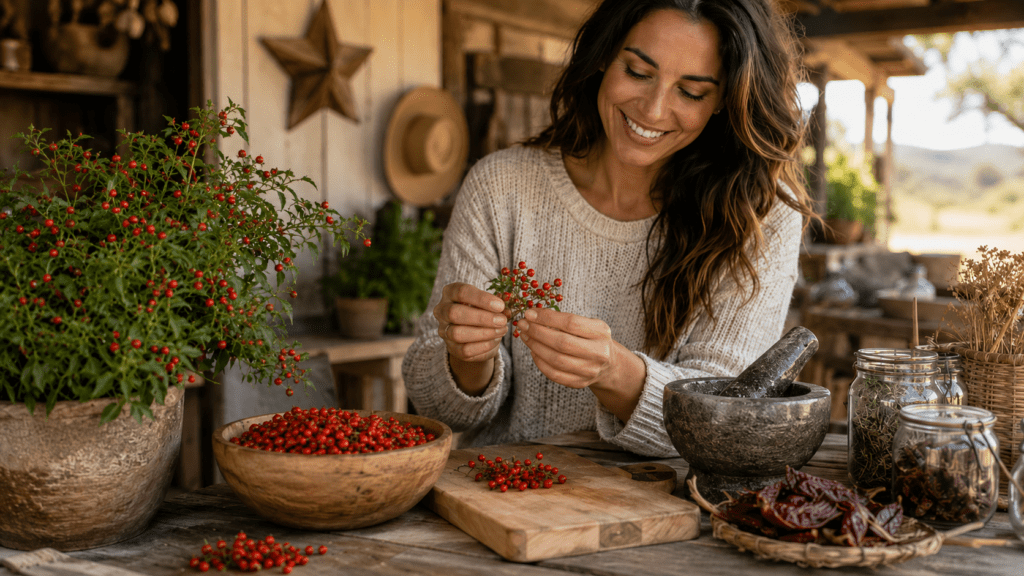 Chilli Pequin Benefits blog image featuring a smiling woman on a rustic Texas-style porch sorting small pea-sized green wild peppers from a chile pequin bush beside a wooden bowl of tiny peppers, a cutting board, dried chilies, and herbal jars in a warm natural setting.