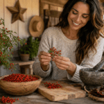 Chilli Pequin Benefits blog image featuring a smiling woman on a rustic Texas-style porch sorting small pea-sized green wild peppers from a chile pequin bush beside a wooden bowl of tiny peppers, a cutting board, dried chilies, and herbal jars in a warm natural setting.