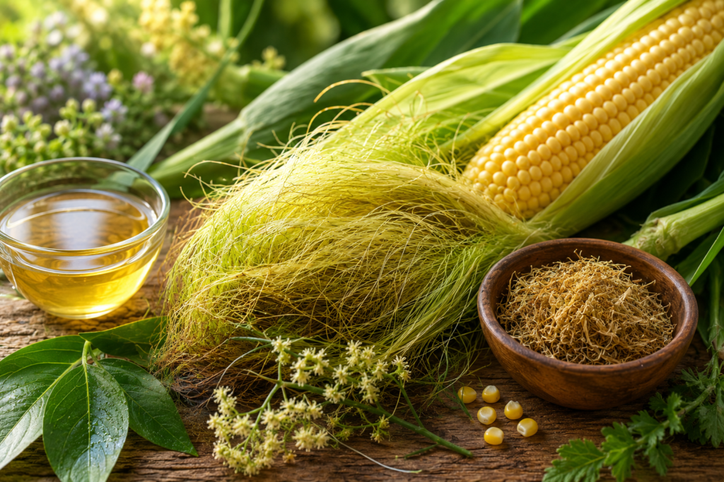 Corn Silk Benefits blog image featuring fresh ears of corn with golden corn silk, a cup of herbal corn silk tea, dried corn silk in a bowl, and natural wellness ingredients in a bright herbal setting.