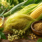 Corn Silk Benefits blog image featuring fresh ears of corn with golden corn silk, a cup of herbal corn silk tea, dried corn silk in a bowl, and natural wellness ingredients in a bright herbal setting.