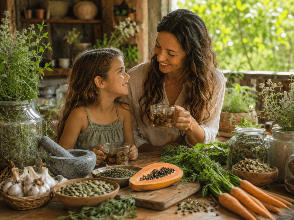 Herbal Parasite Cleanse blog image featuring a mother and child drinking herbal tea together beside papaya, pumpkin seeds, garlic, carrots, dried herbs, and natural cleanse ingredients in a rustic herbal kitchen setting.