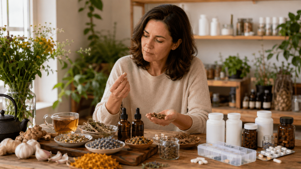Herbs That Interact With Medications blog image featuring a woman carefully comparing herbal supplements, dried herbs, tinctures, tea, and prescription medication bottles on a rustic table in a sunlit herbal apothecary setting.
