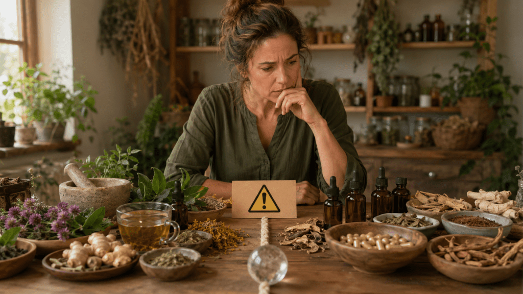 Herbs You Should Never Mix blog image featuring a concerned woman reviewing herbal tinctures, capsules, dried herbs, ginger, ashwagandha, tea, and apothecary bottles with a warning symbol on a rustic table, representing dangerous herb combinations and supplement interactions.