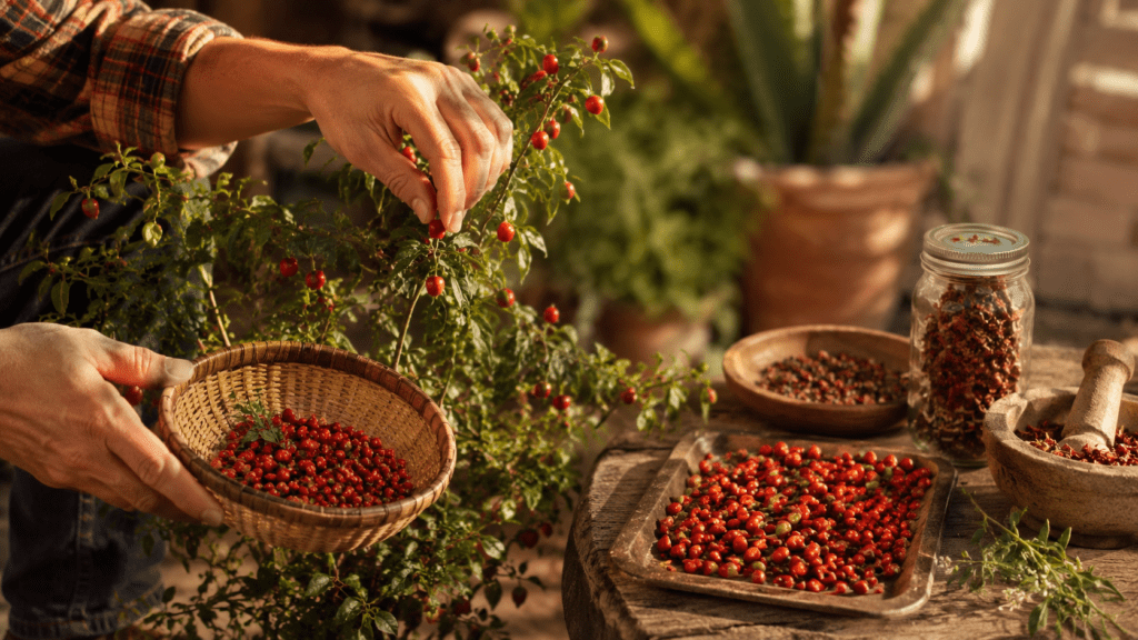 How to Harvest and Preserve Wild Chilli Pequin blog image featuring hands picking small red chile pequin peppers into a woven basket, with freshly harvested peppers drying on a tray, preserved peppers in a glass jar, and rustic garden tools in a warm outdoor Texas setting.