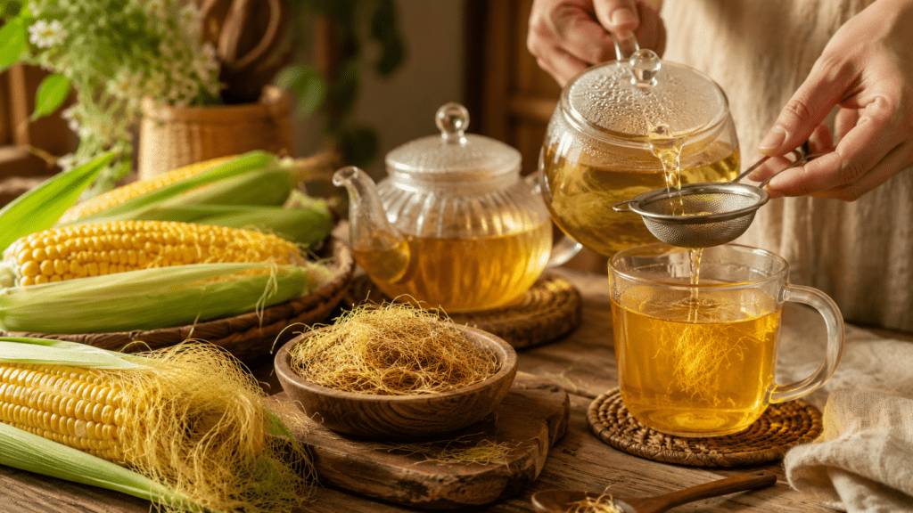 How to Make Corn Silk Tea blog image featuring fresh ears of corn with golden corn silk, dried corn silk in a wooden bowl, and warm corn silk tea being poured through a strainer into a glass mug on a rustic herbal kitchen table.