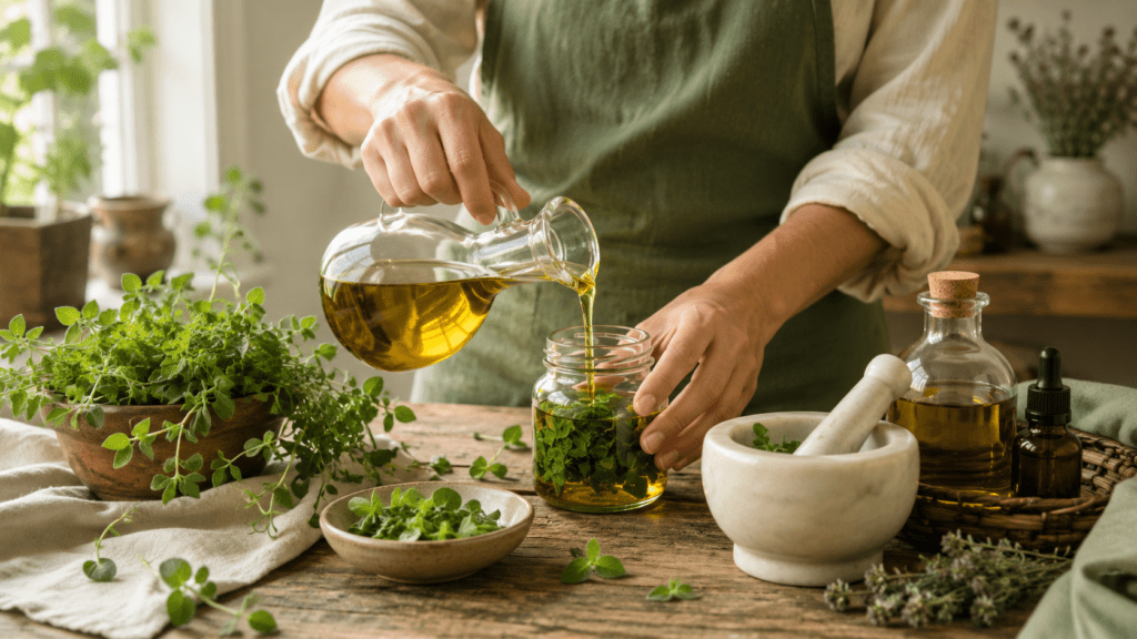 How to Make Oregano Oil at Home blog image featuring fresh oregano leaves being infused in olive oil inside a glass jar, with a person pouring oil over herbs, a mortar and pestle, amber dropper bottle, and rustic herbal kitchen setting.