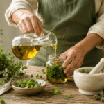 How to Make Oregano Oil at Home blog image featuring fresh oregano leaves being infused in olive oil inside a glass jar, with a person pouring oil over herbs, a mortar and pestle, amber dropper bottle, and rustic herbal kitchen setting.
