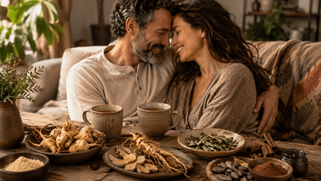 Natural Herbs for Libido and Sexual Health blog image featuring a smiling couple sitting together with herbal tea, maca root, ginseng, ashwagandha, cacao, cinnamon, and dried herbs on a rustic table in a warm natural wellness setting.
