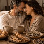 Natural Herbs for Libido and Sexual Health blog image featuring a smiling couple sitting together with herbal tea, maca root, ginseng, ashwagandha, cacao, cinnamon, and dried herbs on a rustic table in a warm natural wellness setting.