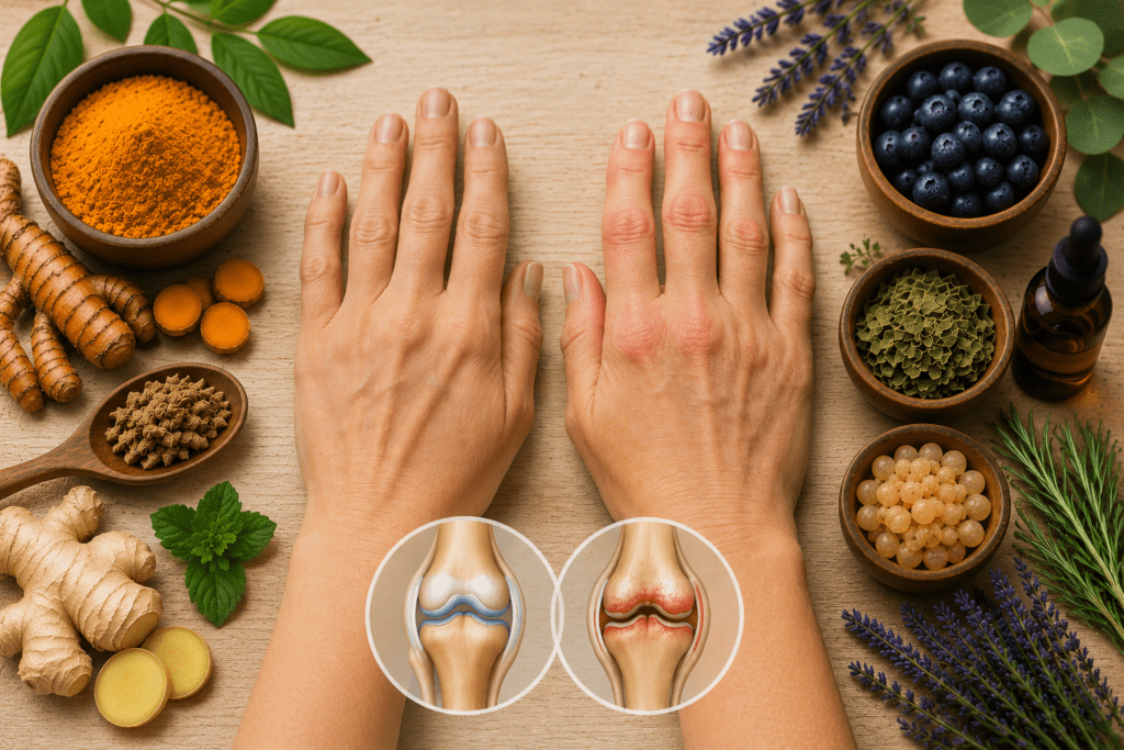 Natural remedies for arthritis including turmeric, ginger, and herbal capsules surrounding healthy hands