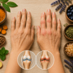 Natural remedies for arthritis including turmeric, ginger, and herbal capsules surrounding healthy hands