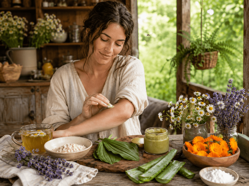 Natural Remedies for Bug Bites and Stings blog image featuring a woman applying herbal salve to a red bug bite on her arm, surrounded by aloe vera, plantain leaf, calendula, lavender, chamomile tea, oatmeal, and natural soothing remedies on a rustic porch.