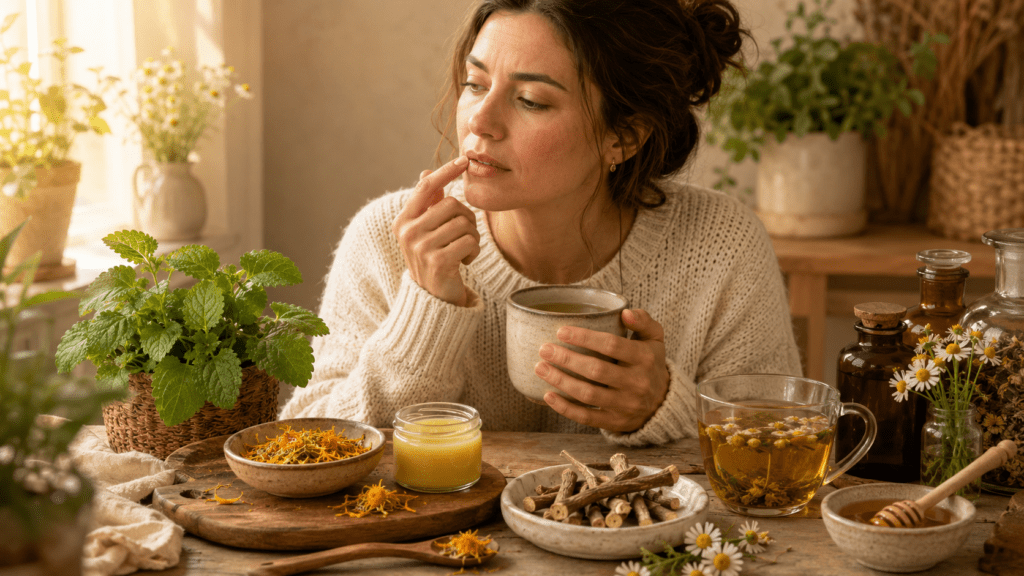 Natural Remedies for Cold Sores blog image featuring a woman gently touching her lip while holding herbal tea, surrounded by lemon balm, calendula, licorice root, chamomile, honey, herbal salve, and apothecary jars in a cozy natural kitchen setting.