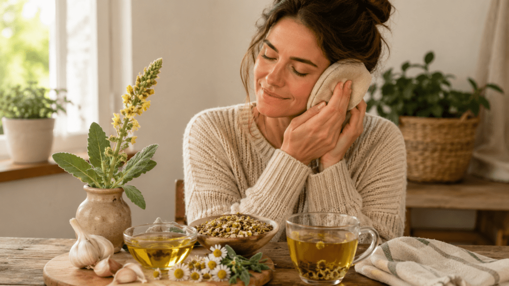 Woman holding a warm compress to her ear beside chamomile tea, garlic, mullein flowers, olive oil, and dried herbs in a cozy natural kitchen setting for a Root Freedom guide on natural remedies for earaches and ear infections.