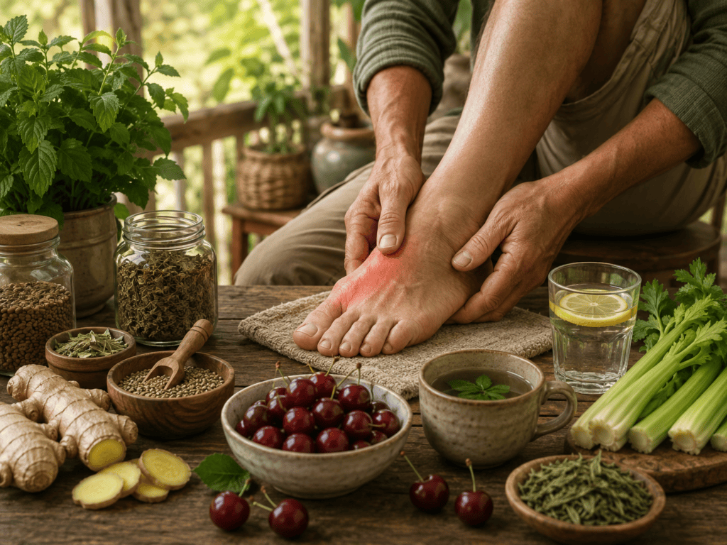 Natural Remedies for Gout blog image featuring a person holding a red, inflamed foot beside cherries, celery, ginger, lemon water, herbal tea, nettle, dried herbs, and natural anti-inflammatory remedies on a rustic table.