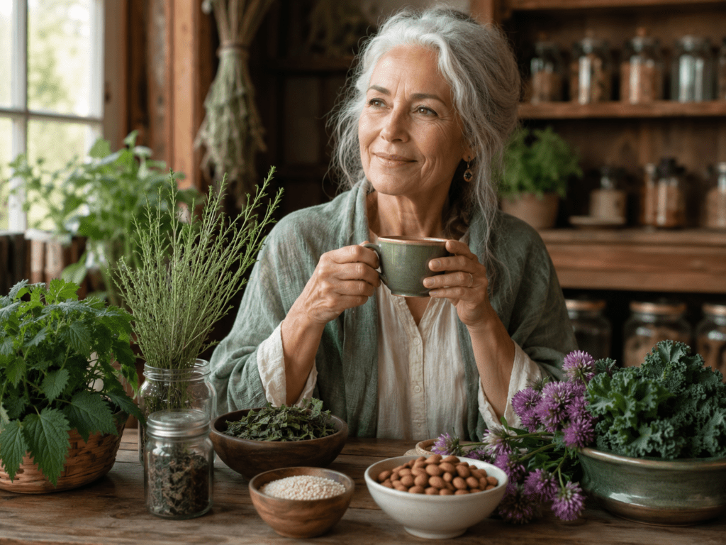 Natural Remedies for Osteoporosis and Bone Health blog image featuring an older woman holding herbal tea beside nettle, horsetail, red clover, kale, sesame seeds, almonds, dried herbs, and natural bone-support ingredients in a rustic herbal kitchen setting.