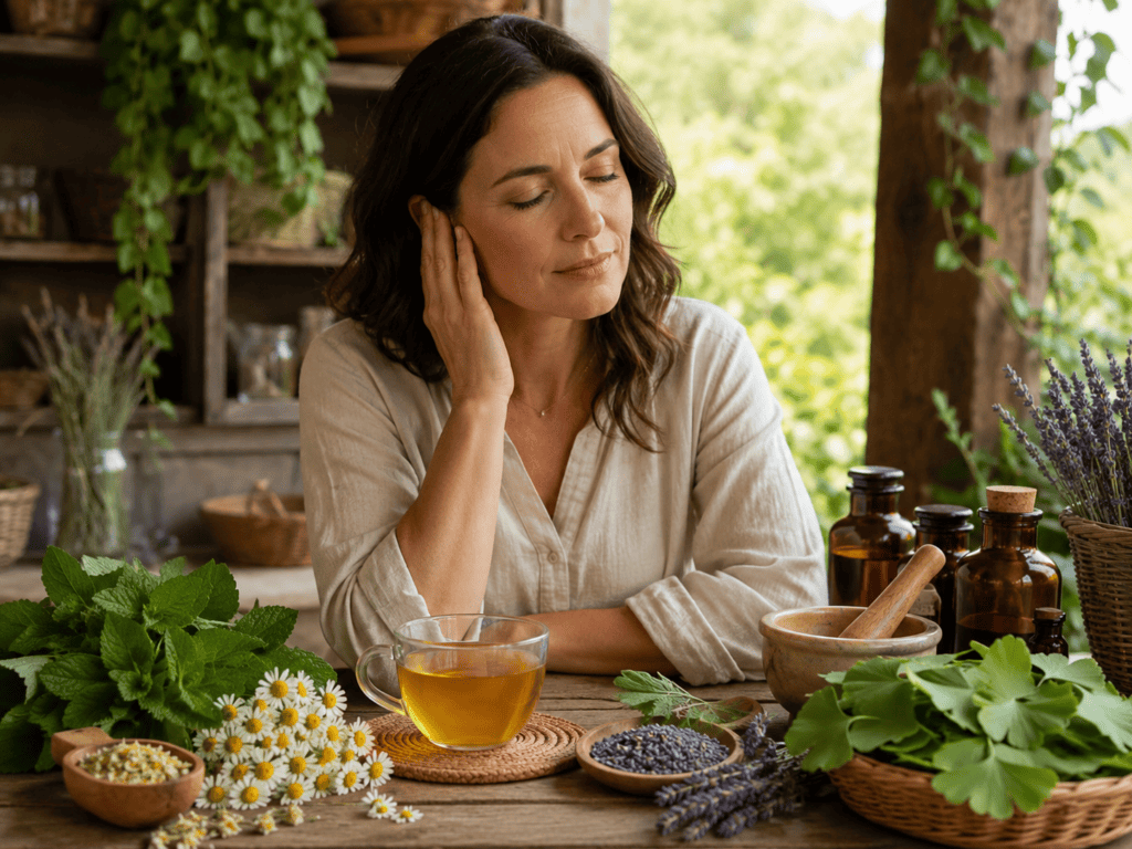 Natural Remedies for Tinnitus blog image featuring a woman gently holding her ear beside herbal tea, chamomile, lemon balm, lavender, ginkgo leaves, fresh herbs, tincture bottles, and apothecary tools in a calm natural wellness setting.