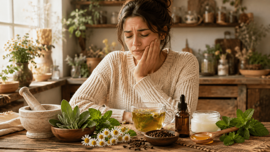 Natural Remedies for Tooth Pain and Oral Health blog image featuring a woman holding her cheek in discomfort while seated at a rustic table with herbal tea, chamomile, mint, sage, cloves, honey, a mortar and pestle, and natural oral care remedies in a cozy herbal kitchen setting.