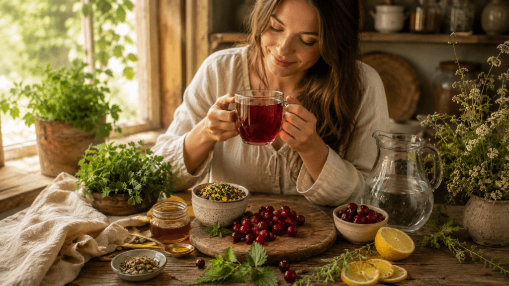 Woman holding a glass mug of red cranberry herbal tea beside fresh cranberries, lemon slices, honey, water, and dried herbs in a cozy natural kitchen setting for a Root Freedom guide on natural UTI remedies and herbal urinary tract support.