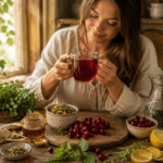 Woman holding a glass mug of red cranberry herbal tea beside fresh cranberries, lemon slices, honey, water, and dried herbs in a cozy natural kitchen setting for a Root Freedom guide on natural UTI remedies and herbal urinary tract support.