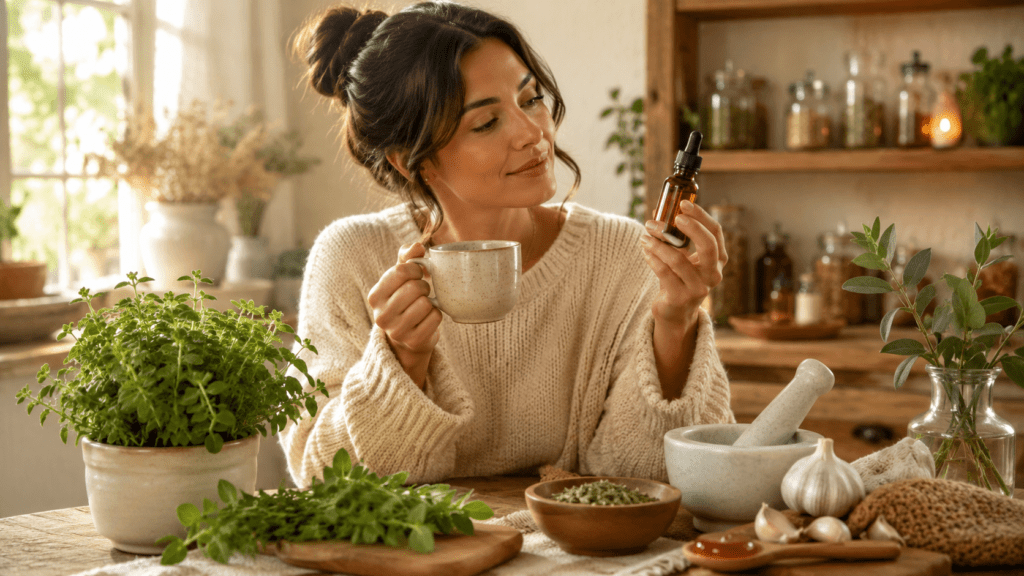 Oil of Oregano Benefits blog image featuring a woman in a cozy herbal kitchen holding a mug and an amber dropper bottle, surrounded by fresh oregano, garlic, dried herbs, a mortar and pestle, and apothecary jars in a warm natural wellness setting.