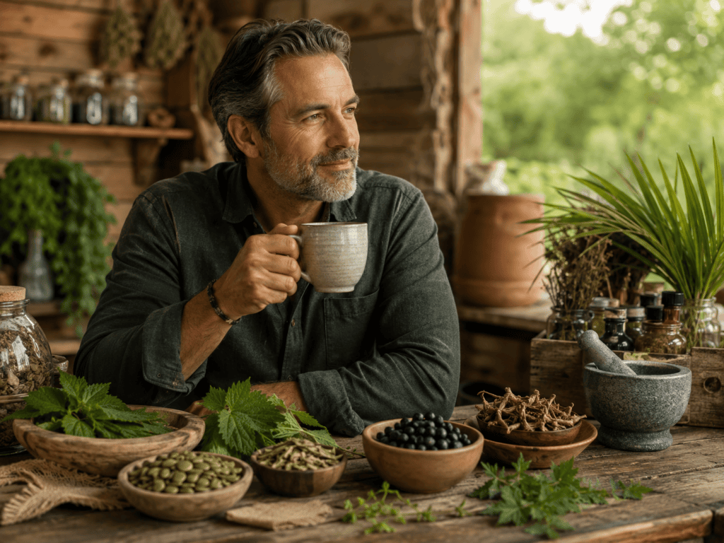 Best Herbs for Prostate Health blog image featuring a man over 40 drinking herbal tea beside saw palmetto, nettle, pumpkin seeds, berries, dried herbs, tincture bottles, and apothecary tools in a rustic natural wellness setting.