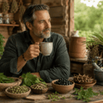 Best Herbs for Prostate Health blog image featuring a man over 40 drinking herbal tea beside saw palmetto, nettle, pumpkin seeds, berries, dried herbs, tincture bottles, and apothecary tools in a rustic natural wellness setting.