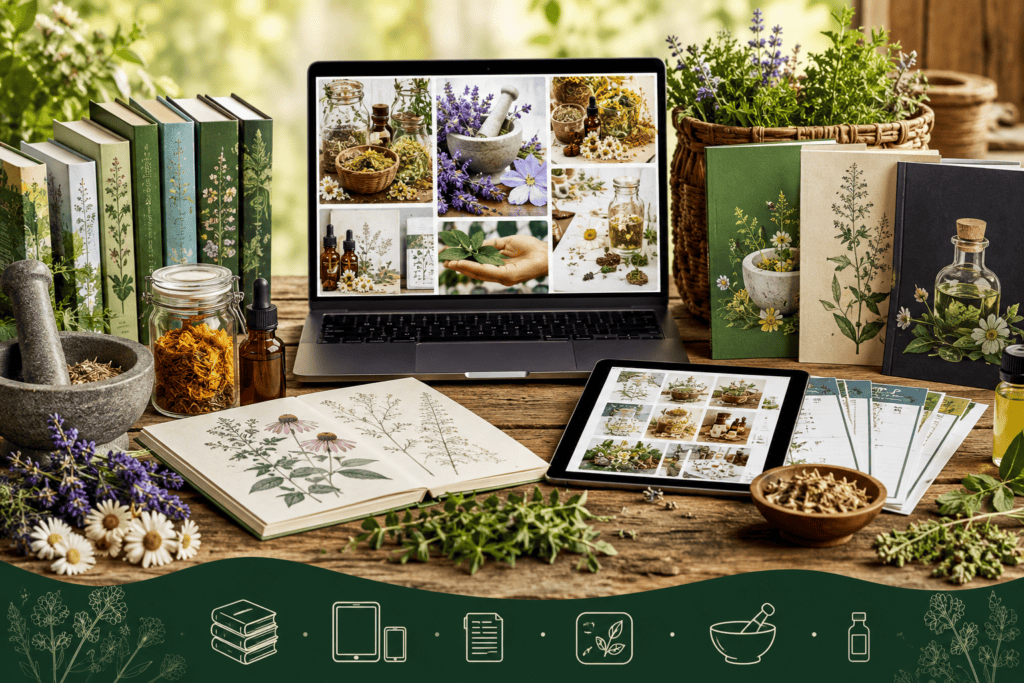 Herbalism Collective Bundle blog image featuring a laptop and tablet displaying herbal resource images, botanical books, printable herbal worksheets, apothecary jars, tincture bottles, dried herbs, lavender, chamomile, mortar and pestle, and herbal learning materials on a rustic table.