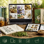 Herbalism Collective Bundle blog image featuring a laptop and tablet displaying herbal resource images, botanical books, printable herbal worksheets, apothecary jars, tincture bottles, dried herbs, lavender, chamomile, mortar and pestle, and herbal learning materials on a rustic table.