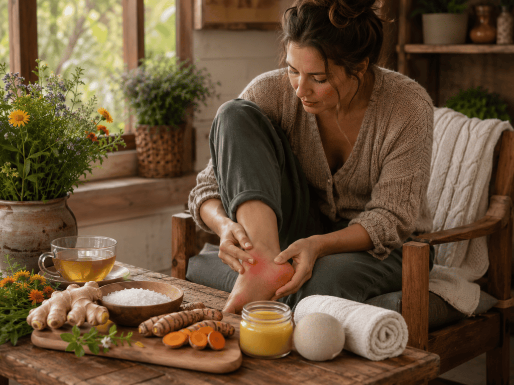 Natural Remedies for Plantar Fasciitis blog image featuring a woman holding her painful heel with a red inflamed area, surrounded by ginger, turmeric, Epsom salt, herbal salve, warm tea, rolled towels, massage ball, and natural foot care remedies in a cozy herbal setting.
