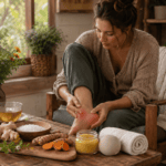 Natural Remedies for Plantar Fasciitis blog image featuring a woman holding her painful heel with a red inflamed area, surrounded by ginger, turmeric, Epsom salt, herbal salve, warm tea, rolled towels, massage ball, and natural foot care remedies in a cozy herbal setting.