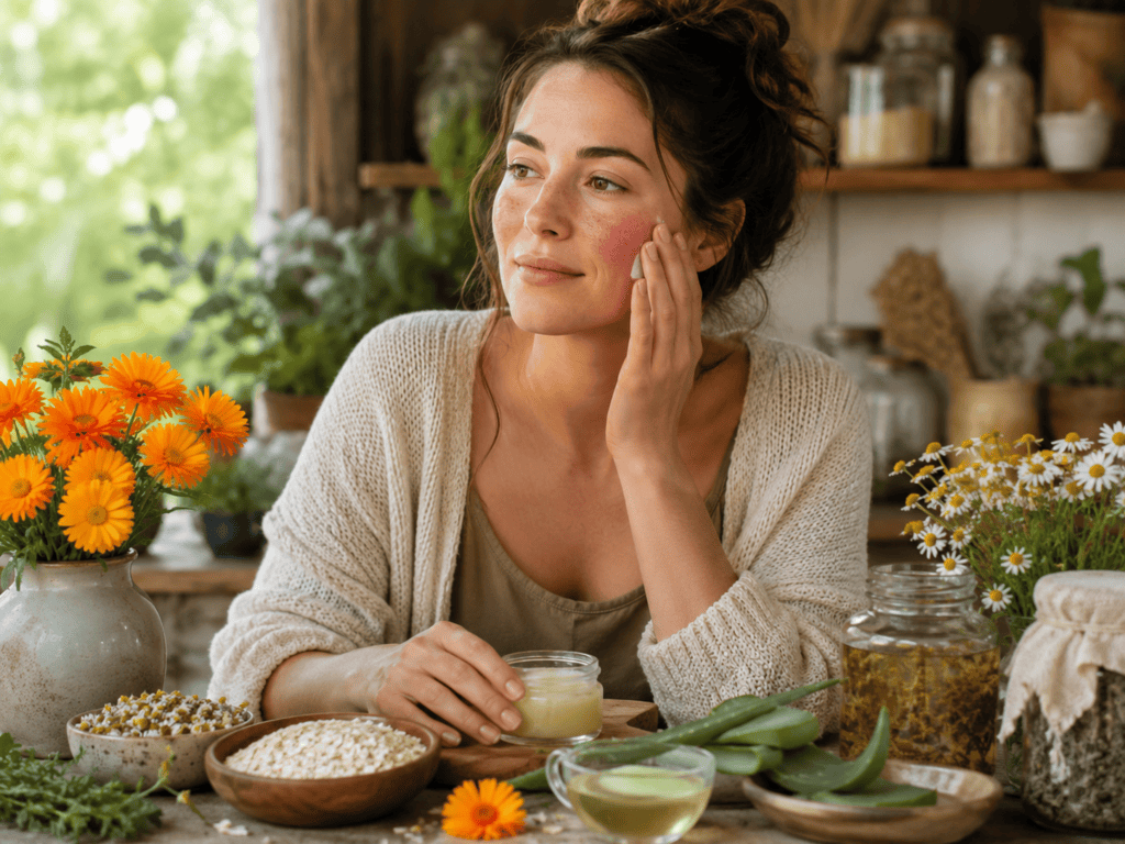 Natural Remedies for Rosacea blog image featuring a woman with red, flushed cheeks applying a gentle herbal salve, surrounded by calendula, chamomile, aloe vera, oatmeal, dried herbs, and natural skin-soothing remedies in a rustic herbal kitchen setting.