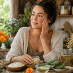 Natural Remedies for Rosacea blog image featuring a woman with red, flushed cheeks applying a gentle herbal salve, surrounded by calendula, chamomile, aloe vera, oatmeal, dried herbs, and natural skin-soothing remedies in a rustic herbal kitchen setting.