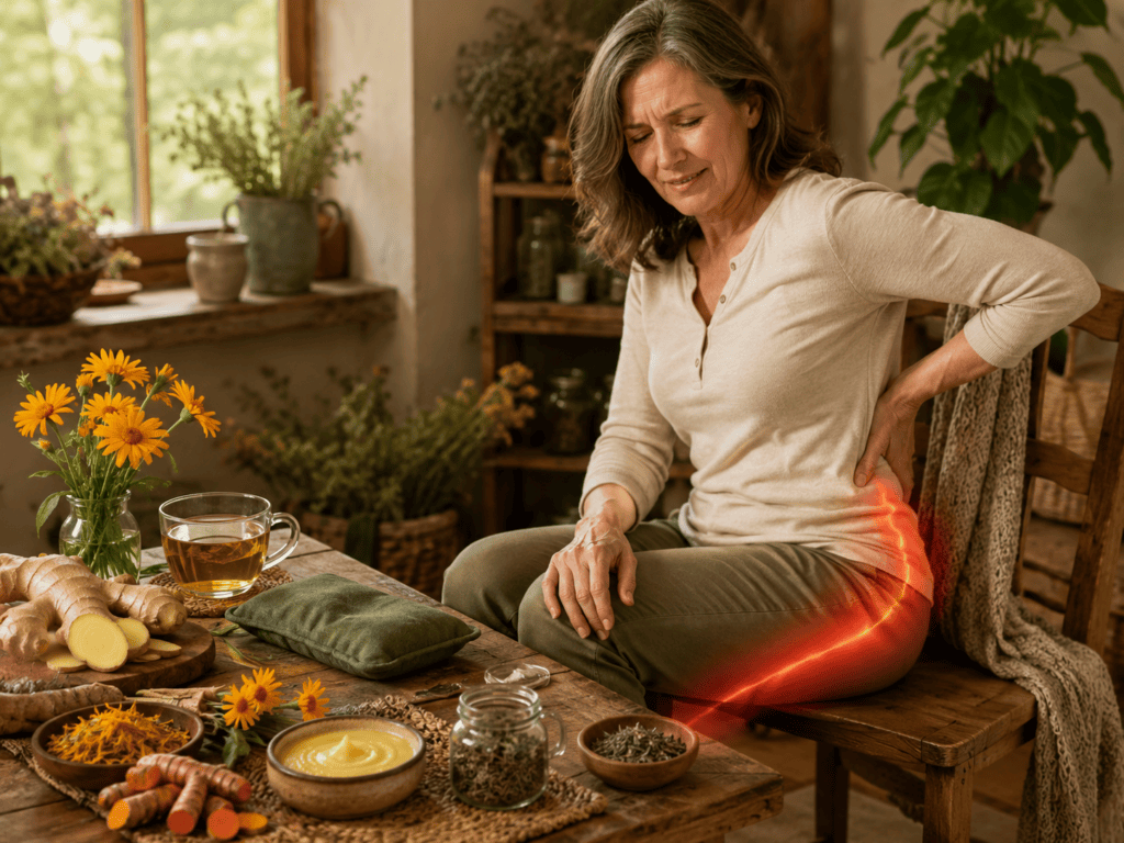 Natural Remedies for Sciatica blog image featuring a woman holding her lower back and hip with a highlighted sciatic pain pathway down the leg, surrounded by ginger, turmeric, calendula, herbal tea, salve, warm compress, and natural home remedies on a rustic table.