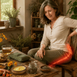 Natural Remedies for Sciatica blog image featuring a woman holding her lower back and hip with a highlighted sciatic pain pathway down the leg, surrounded by ginger, turmeric, calendula, herbal tea, salve, warm compress, and natural home remedies on a rustic table.