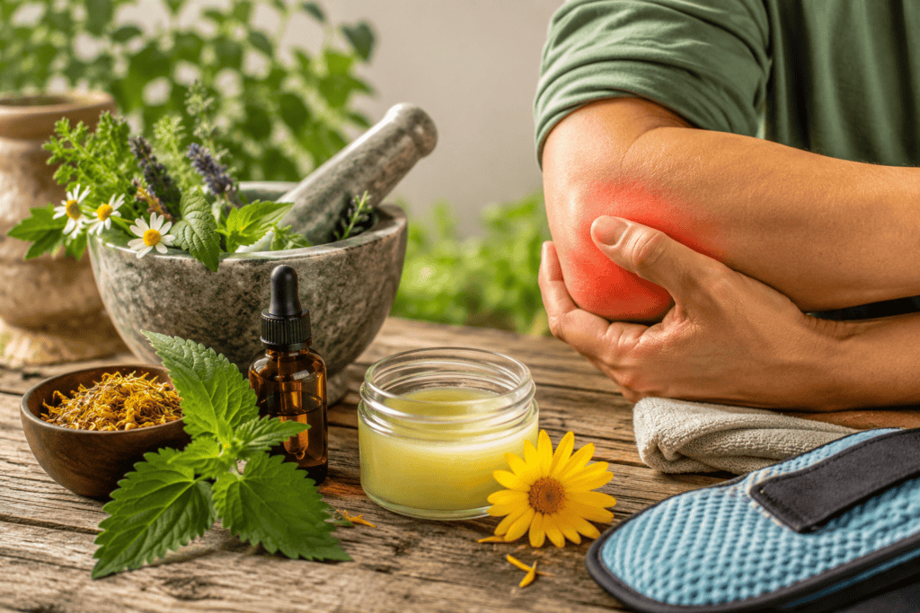 Natural Remedies for Tennis Elbow blog image featuring a person holding a red, inflamed elbow beside calendula, nettle, chamomile, lavender, herbal salve, tincture bottle, mortar and pestle, towel, and cold therapy pad on a rustic wooden table.