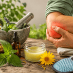 Natural Remedies for Tennis Elbow blog image featuring a person holding a red, inflamed elbow beside calendula, nettle, chamomile, lavender, herbal salve, tincture bottle, mortar and pestle, towel, and cold therapy pad on a rustic wooden table.