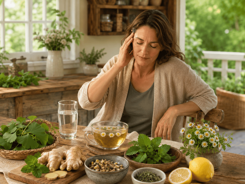 Natural Remedies for Vertigo and Dizziness blog image featuring a woman holding her head beside herbal tea, ginger, lemon balm, chamomile, ginkgo leaves, lemon water, and calming home remedies on a rustic kitchen table.