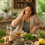 Natural Remedies for Vertigo and Dizziness blog image featuring a woman holding her head beside herbal tea, ginger, lemon balm, chamomile, ginkgo leaves, lemon water, and calming home remedies on a rustic kitchen table.