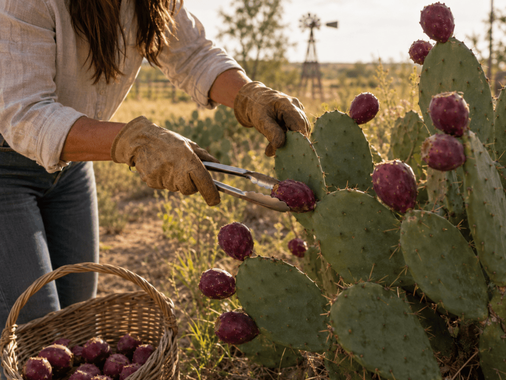 Prickly Pear Cactus Benefits blog image featuring a person wearing gloves and using tongs to harvest ripe purple prickly pear fruit from cactus pads on a South Texas property, with a basket of freshly picked fruit nearby and a windmill in the background.