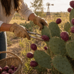 Prickly Pear Cactus Benefits blog image featuring a person wearing gloves and using tongs to harvest ripe purple prickly pear fruit from cactus pads on a South Texas property, with a basket of freshly picked fruit nearby and a windmill in the background.