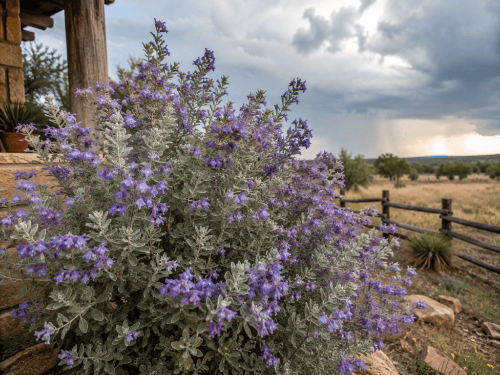 Cenizo Benefits blog image featuring a blooming South Texas cenizo bush with silvery-green leaves and purple flowers beside a rustic ranch porch, with storm clouds and rain in the distance to show the rain-predicting Texas sage plant.