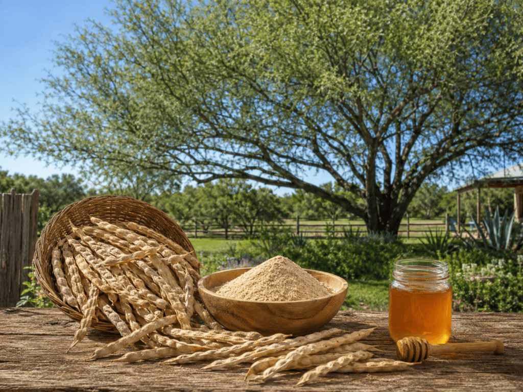 Mesquite Benefits blog image featuring a mature Texas mesquite tree in a lush ranch setting, with dried tan mesquite pods, a wooden bowl of mesquite flour, and a jar of golden mesquite honey on a rustic wooden table.