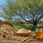 Mesquite Benefits blog image featuring a mature Texas mesquite tree in a lush ranch setting, with dried tan mesquite pods, a wooden bowl of mesquite flour, and a jar of golden mesquite honey on a rustic wooden table.