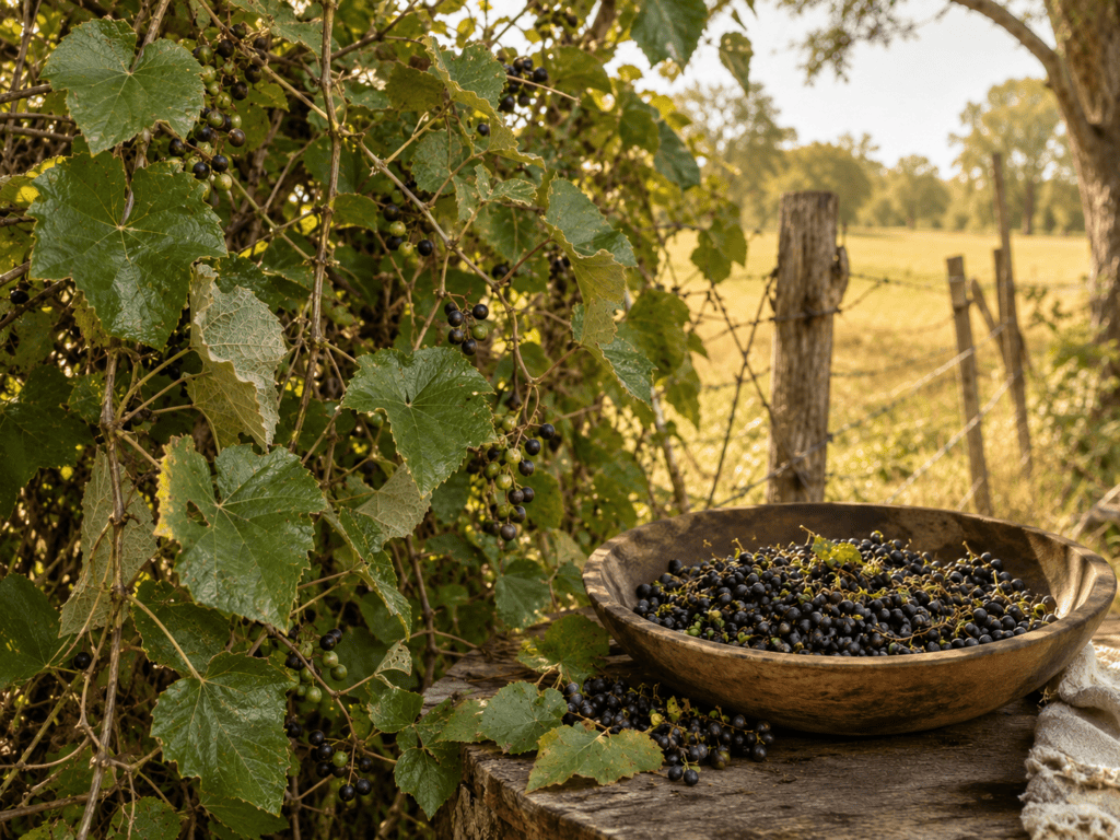 Mustang Grape Benefits blog image featuring wild Texas mustang grape vines climbing along a rustic fence line at golden hour, with small loose clusters of dark purple-black grapes, glossy cordate leaves with pale velvety undersides, and a wooden bowl of harvested native grapes in a South Texas pasture setting.