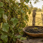 Mustang Grape Benefits blog image featuring wild Texas mustang grape vines climbing along a rustic fence line at golden hour, with small loose clusters of dark purple-black grapes, glossy cordate leaves with pale velvety undersides, and a wooden bowl of harvested native grapes in a South Texas pasture setting.