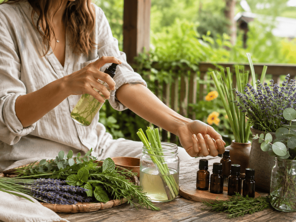 Natural Bug Repellent blog image featuring a woman spraying homemade herbal bug repellent on her arm while sitting on a sunny porch, surrounded by lemongrass, lavender, mint, rosemary, eucalyptus, and small essential oil bottles used for natural insect-repelling blends.